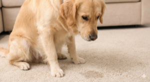 Golden retriever sitting on rug looking guilty after owner tried to remove pet urine smell.